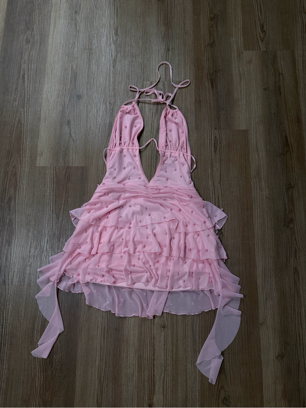 Fashion Nova Pink Beaded Ruffle Halter Dress